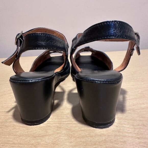 Re-mix Pleated Toe Vintage Style Black Leather Sandal Wedge Peep Toe - Picture 3 of 12